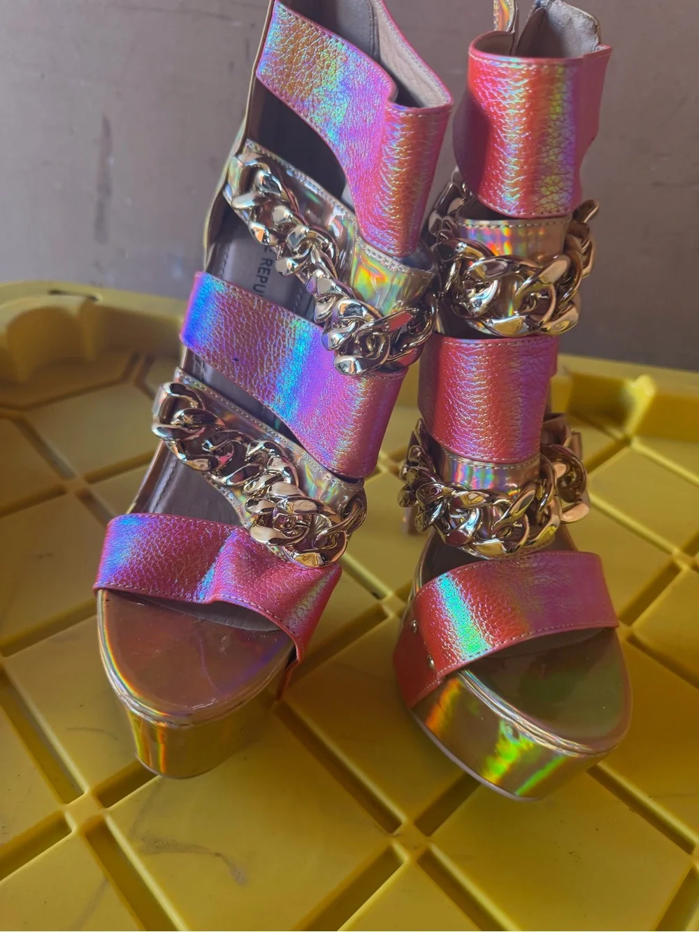 Shoe Republic LA Iridescent Pink Platform Heels with Gold Chain